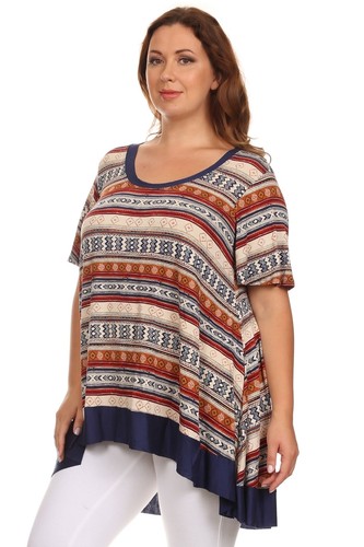 Nuevo torso túnica para mujer talla grande azul marino y óxido estampado tribal manga corta tallas 1X 2X - Imagen 2 de 4