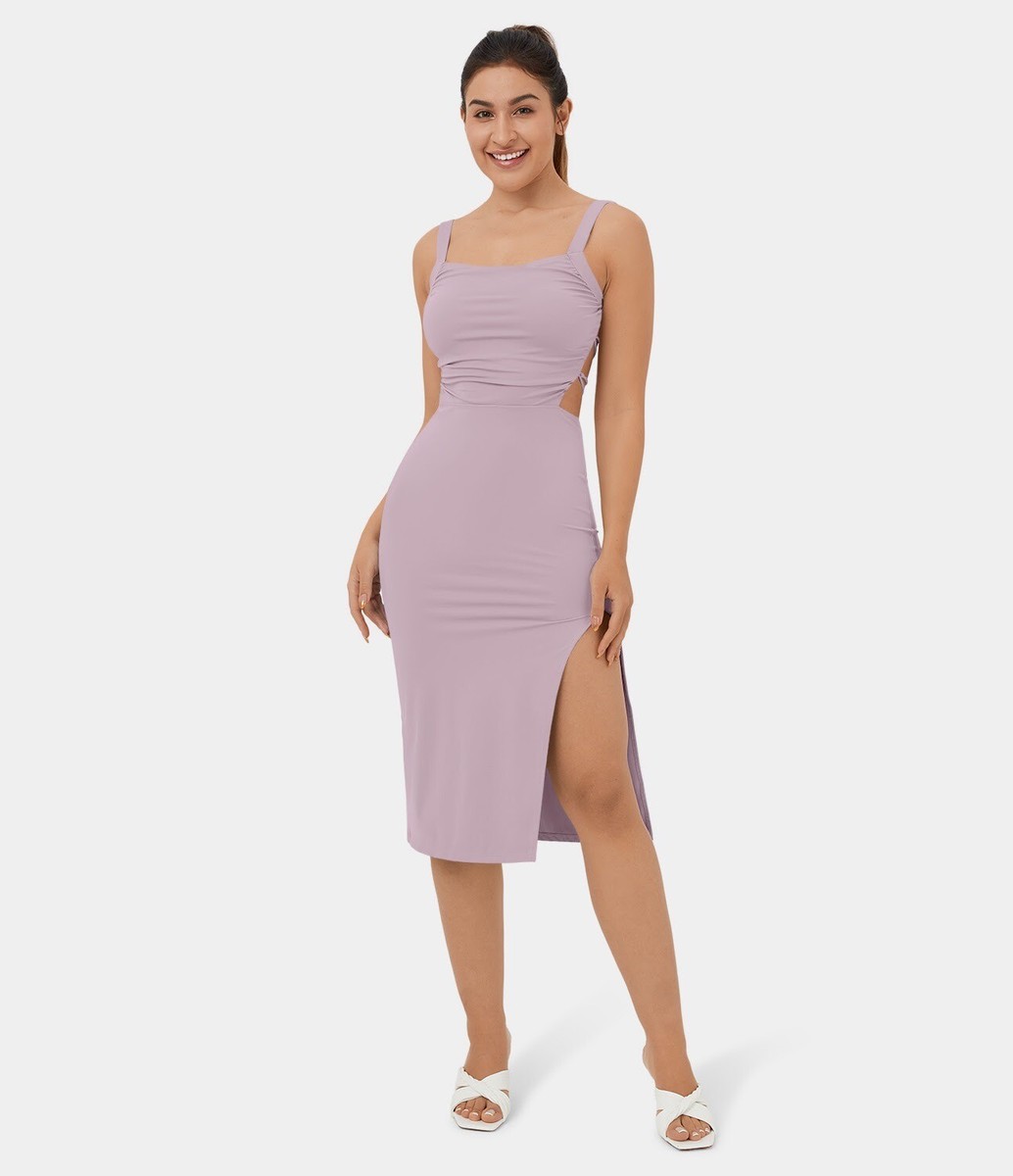 ruched backless crisscross lace up split bodycon midi casual dress Baby & Child
