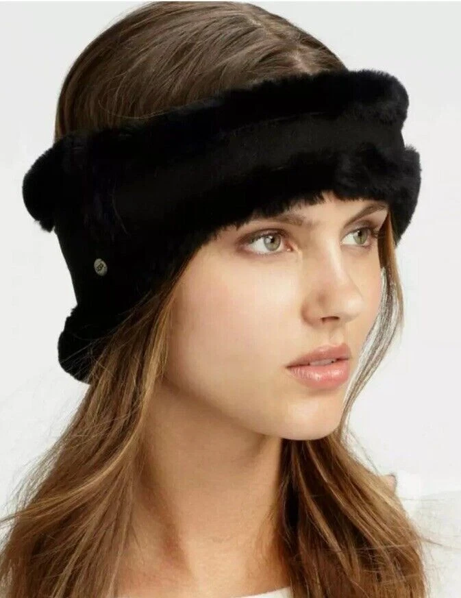 UGG WOMENS REVERSIBLE SUEDE AND SHEARLING HEADBAND, BLACK  display picture 3