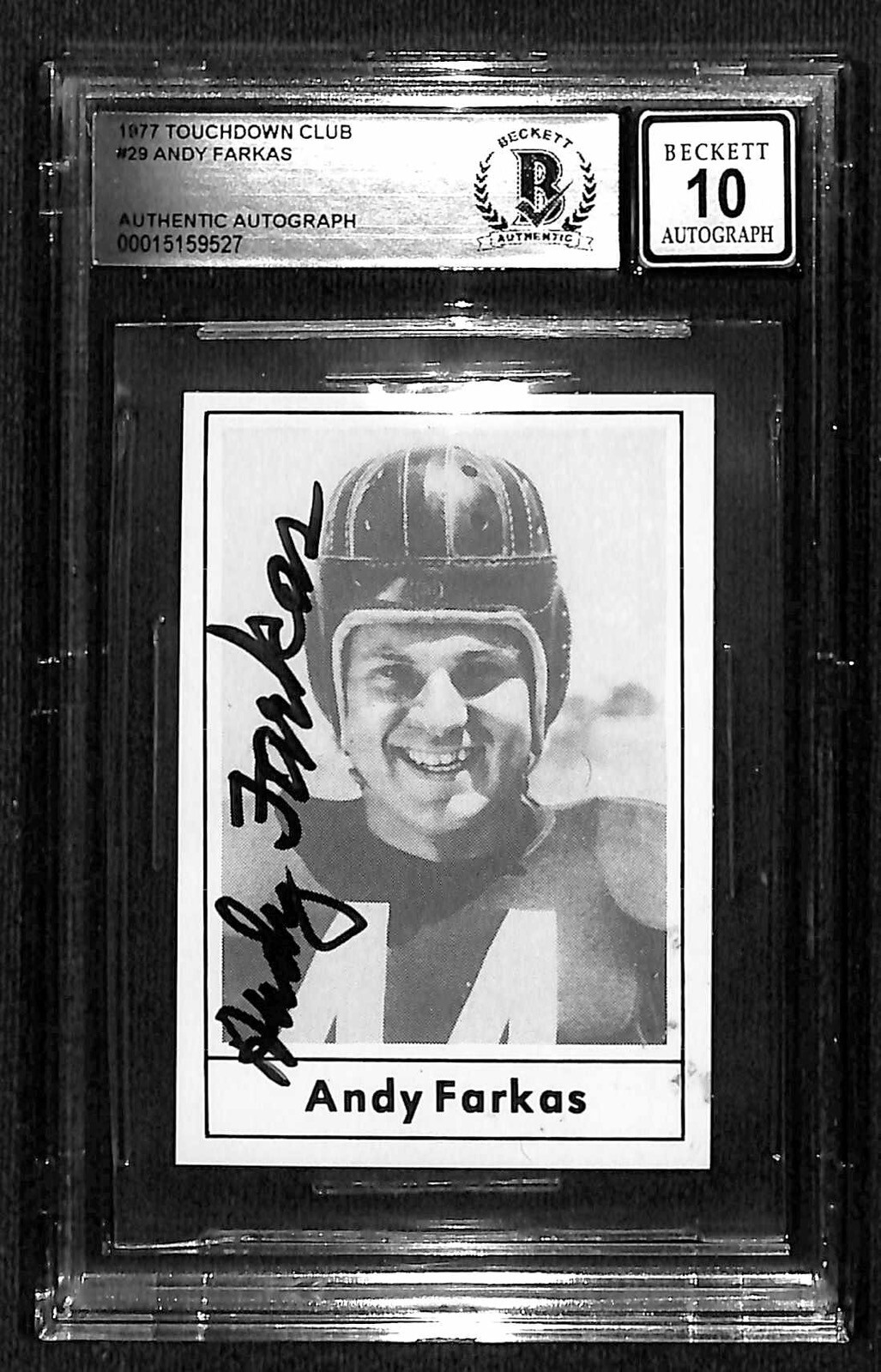 Andy Farkas Autographed Signed Redskins 1977 Touchdown Club #29 Card Auto Grade 10 BECKETT 