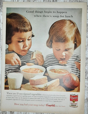 1961 Campbell's Soup Vintage Print Ad Vegetable Beef Lunch Sisters Twins Eating