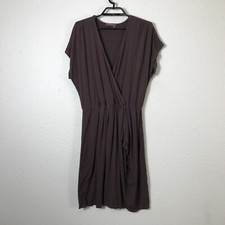 Fresh Produce Dress Women's Size Large Solid Brown Faux Wrap Style Rayon Blend