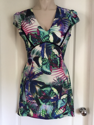 Quiz Butterfly Tropical Print Body-con V Neck Pencil Dress Size 16 Vgc