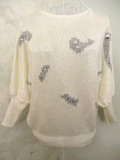 Women's vintage off white/ivory silver sequinned batwing sleeve jumper fit 10/12