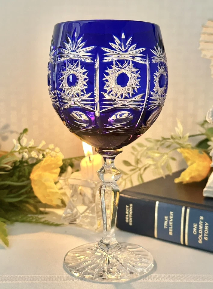 Copas de vino azul cobalto bohemio cortadas a transparentes copas de vino azul vintage - 2 Foto 2 de 4