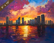 Miami skyline with sunset oil painting 8x10 Print
