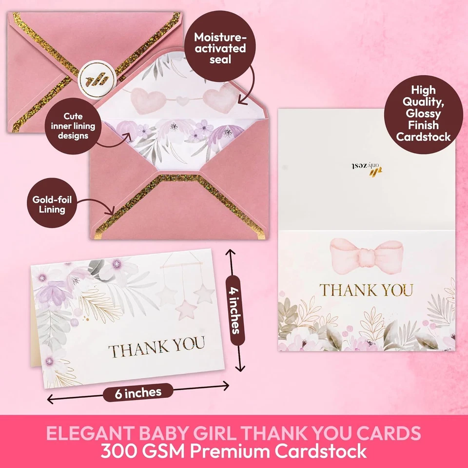 50 Pack Baby Shower Thank You Cards with Envelopes 4x6 Blank Cards for Baby Girl - Image 4 of 4