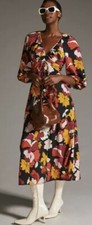 Anthropologie NWT New Maeve Deep-V Ruched Midi Dress Floral Fall Colors Size 4