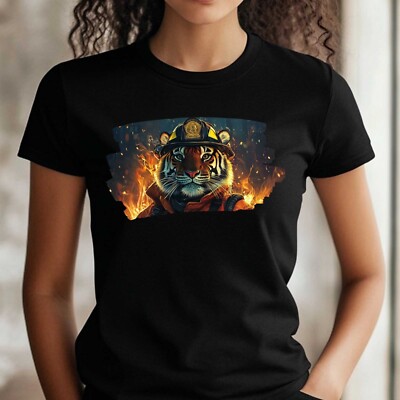 Frauen T-Shirt Tiger als Feuerwehrmann Motiv Baumwolle Größe S bis 3XL