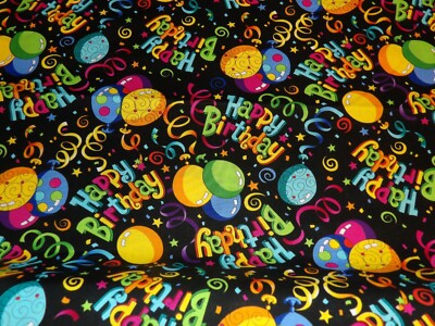 Colorful Happy Birthday on Black Cotton Fabric Sold bty