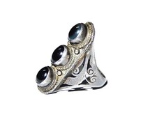 Vintage Large Sterling Silver Tribal Ring w Triple Black Onyx Gemstones, Sz 10.5