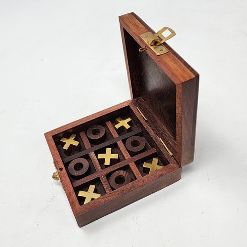 Tic Tac Toe Game Wood Box Vintage Decroative Piece Travel Pre-owned 4 Inches - Picture 2 of 23