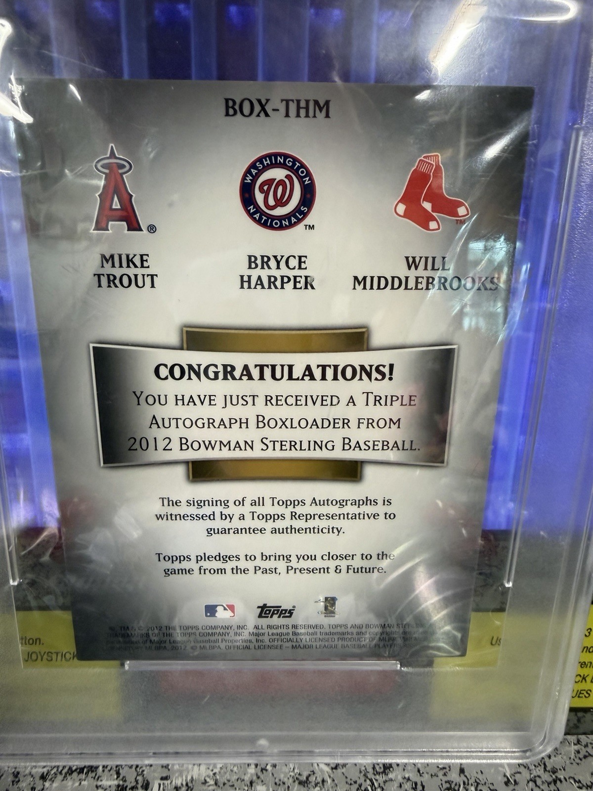 2012 Bowman Sterling Mike Trout Bryce Harper Boxloader Triple Auto Rookie RC PSA view 11