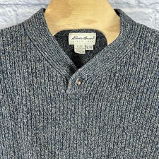 Vintage Eddie Bauer Men Heather Speckled Heavy Cotton Ribbed Henley Sweater XL