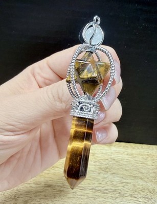 Crystal Tigers Eye Pendulum Merkaba Star Point Buddha Beads spiritual witch 