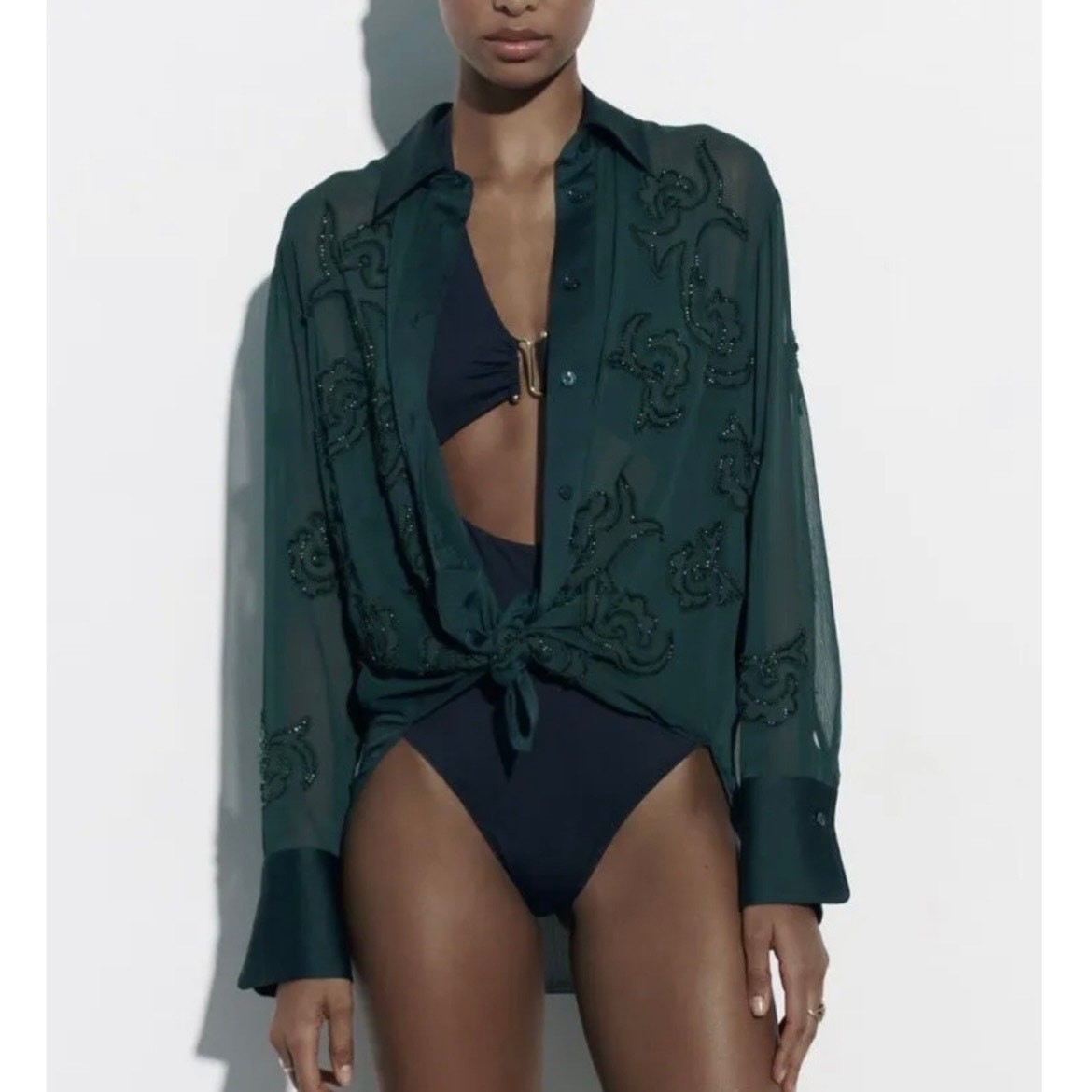 Zara Womens Semi Sheer Beaded Embroidered Blouse Size S Dark Green Button Up image 10