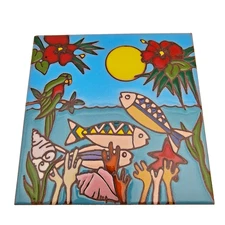 VTG 1999 Earthtones Tile Trivet Terracotta 6" Ocean Beauty Tropical Fish Bird