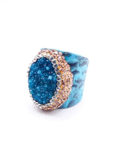 GLITZERNDER klobiger Blautopas Druzy Stein rauchbraune Kristalle oval Cocktail S8 Ring - Bild 8 von 10