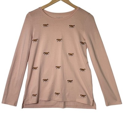 Talbots Womens Petite Fox Embroidered Long Sleeve Top Sp Pink Cotton