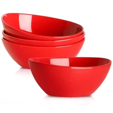 Set of 4 Large Salad Bowls, Porcelain 42 oz Dinner Bowls, Red