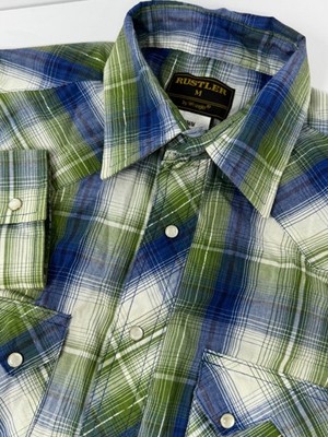 Rustler Shirt Men s Pearl Snap Green/Blue Plaid Long Sleeve Western Size Med H5