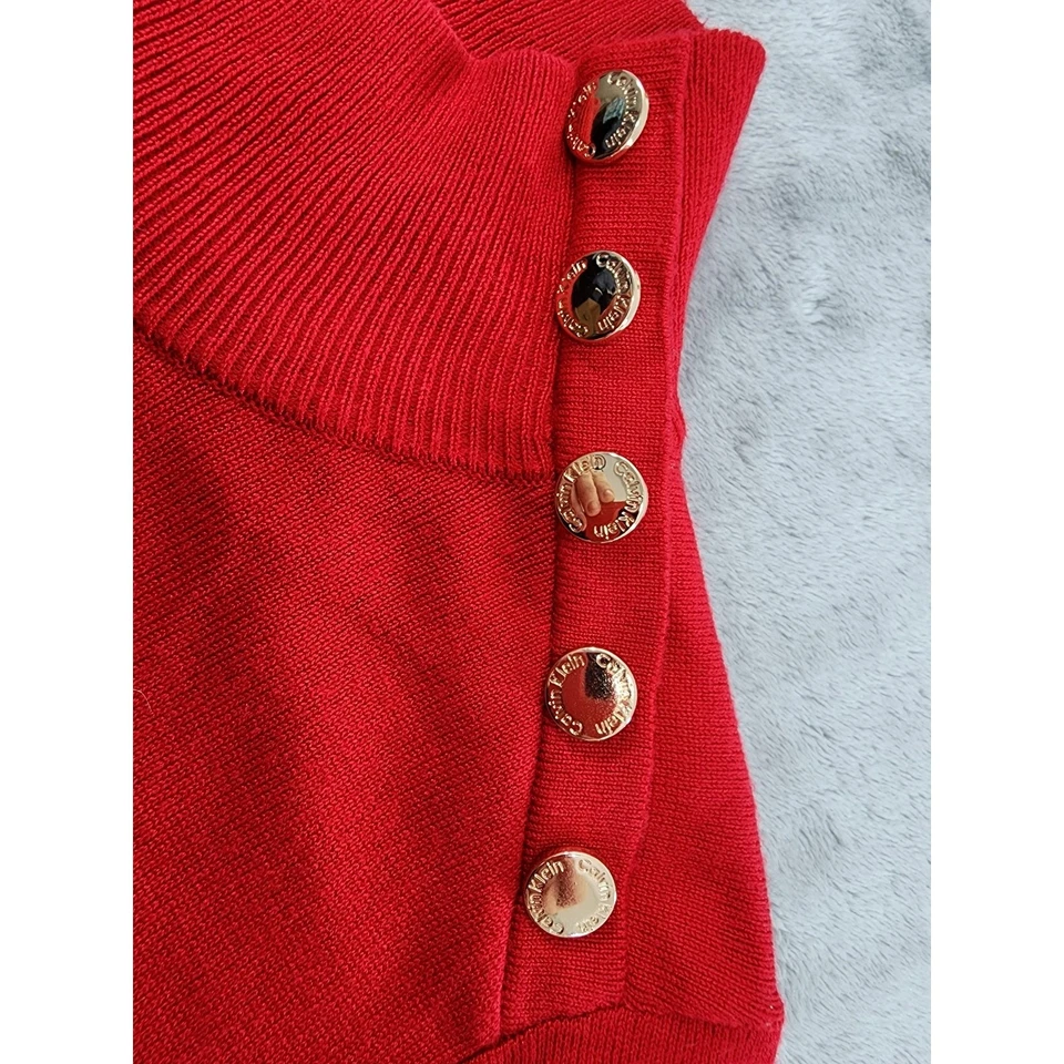 Suéter Calvin Klein manga longa gola botão tamanho P ouro vermelho pulôver elástico - Imagem 2 de 4
