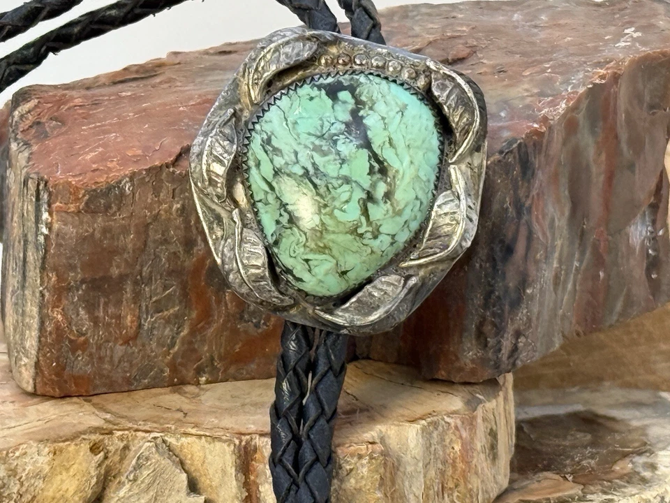 Bolo Navajo Vintage Plata Esterlina Turquesa Verde 36" con Puntas--2LN25.04 Foto 2 de 4