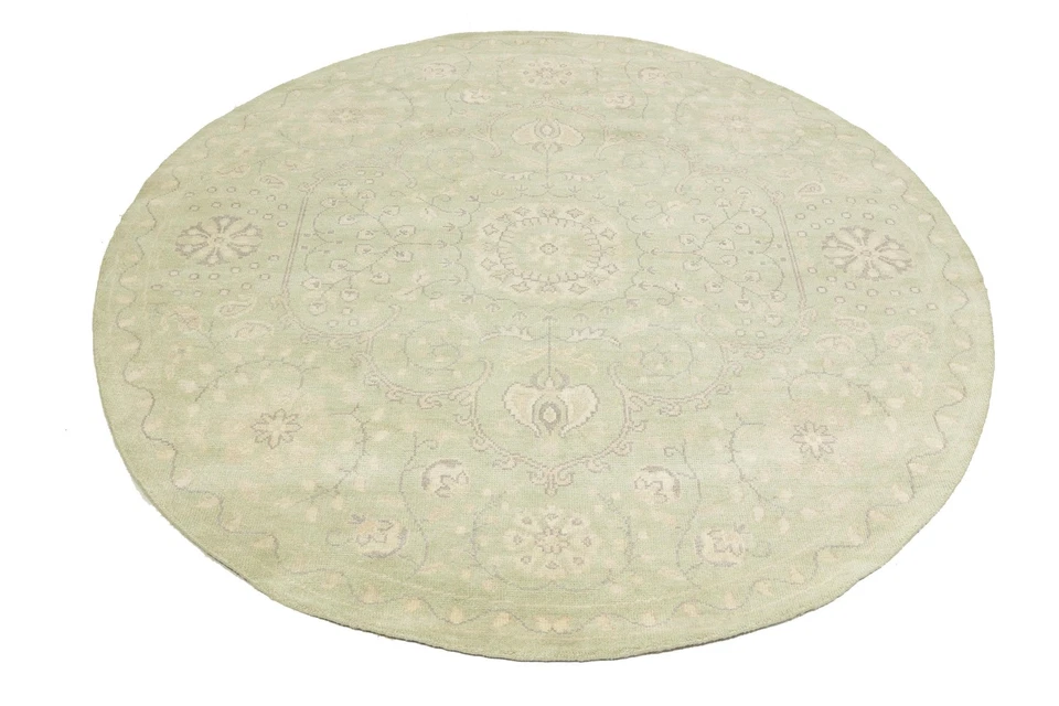 Handmade Muted Light Green Floral Oriental Round Rug Decor Carpet 8X8 ft - Image 4 of 4