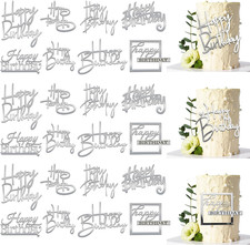 24PCS Silver Happy Birthday Acrylic Cake Toppers Mirrored Side Cake Decorations