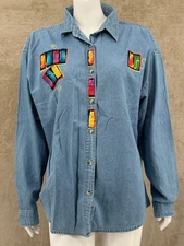 Tri-Mountain Top Womens XL Blue Button Up Tunic Denim Cat Lady Artsy 100% Cotton