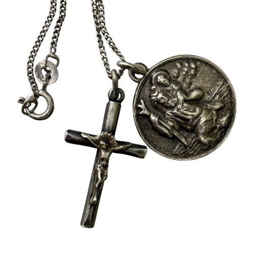VTG Creed 925 Sterling Silver Saint Christopher Pendant Cross Necklace W/ Chain - Picture 2 of 5