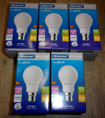 5er Pack MEGAMAN LED Classic Leuchtmittel B22 8,6W oder 60W 4000K kaltweiß 15000Stunden