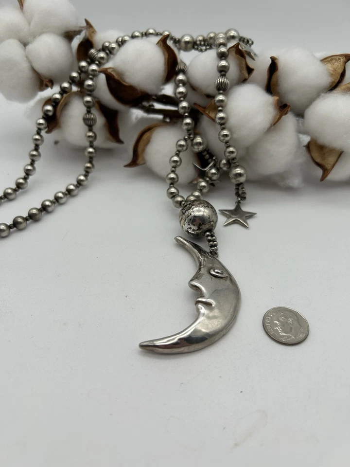 "Collar Mark Jiménez Grueso Plata Esterlina Grande Luna y Estrellas Cuentas De Colección Navajo38""" Foto 2 de 4