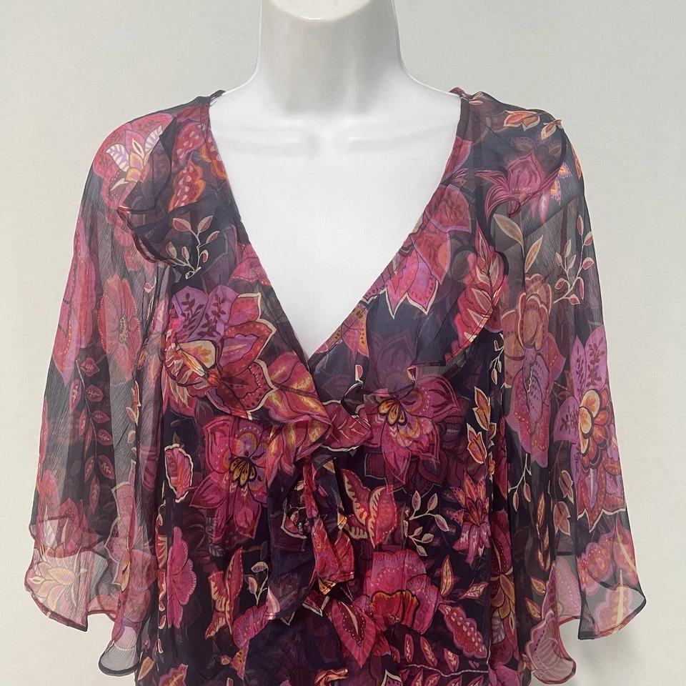 Maxi Vestido Johnny Was Jade Carina 100% Seda Floral Rosa Malva Volantes Sin Cordones Foto 3 de 4