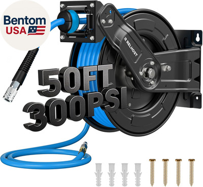 Retractable Air Hose Reel, 50 Ft X 3/8 in Hybrid Air Hose Max 300PSI, Heavy Duty