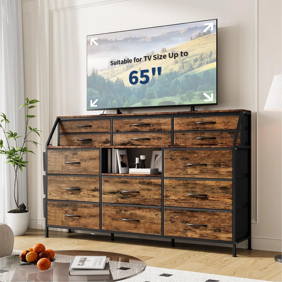 Cómoda Soporte TV 14 Cajones para Dormitorio Cómoda Marco de Metal Madera Superior Estante Abierto Foto 4 de 4