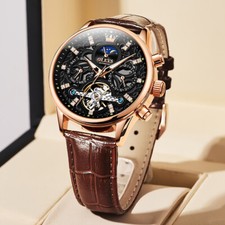 OLEVS Skeleton Tourbillon Automatic Mechanical Men Watch Waterproof Leather Band