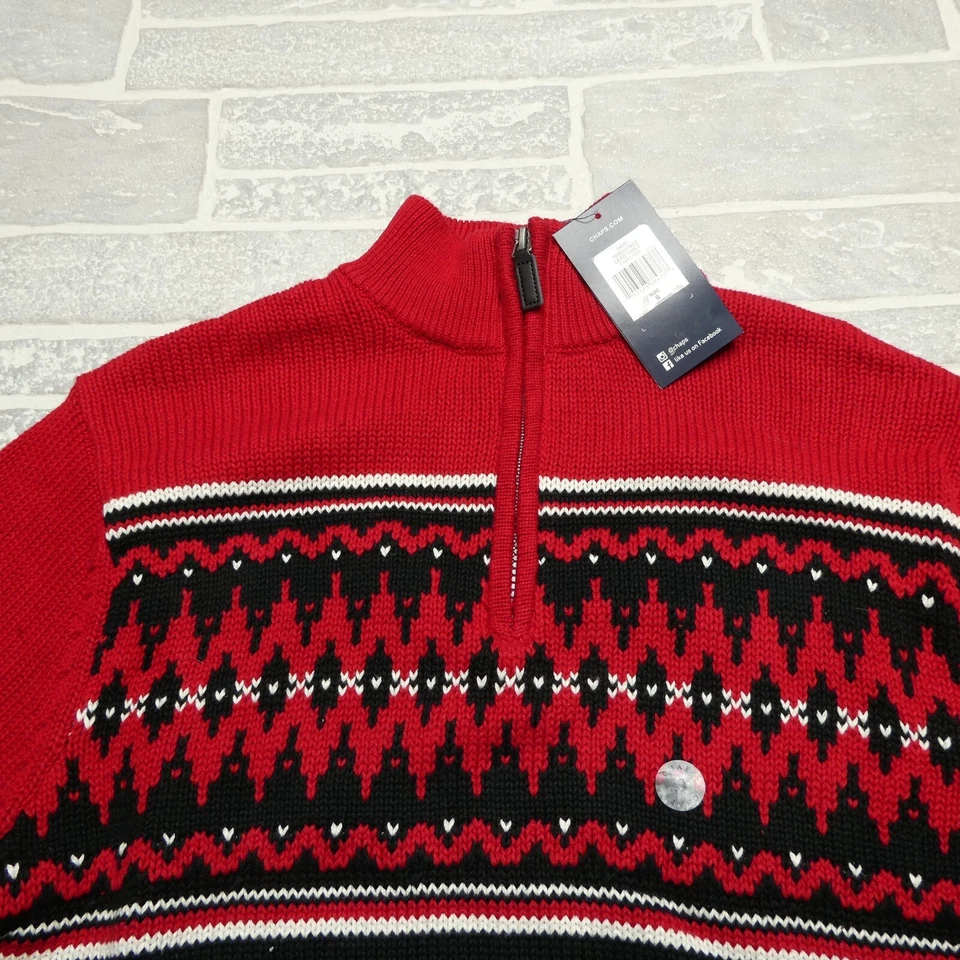 Chaps Sweater Mens Small Red Heavy Knit Cotton 1/4 Zip Mock Neck Fair Isle NWT - Image 2 of 4
