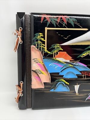 昭和日本史の美品 1960's Y.S. Hand Painted Japan Black Lacquer Wood Photo