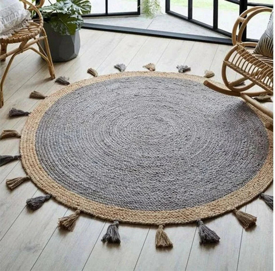 Rugs Carpet Jute Braided Round Floor Mat Natural Organic Carpet Reversible Rug - Image 3 of 4