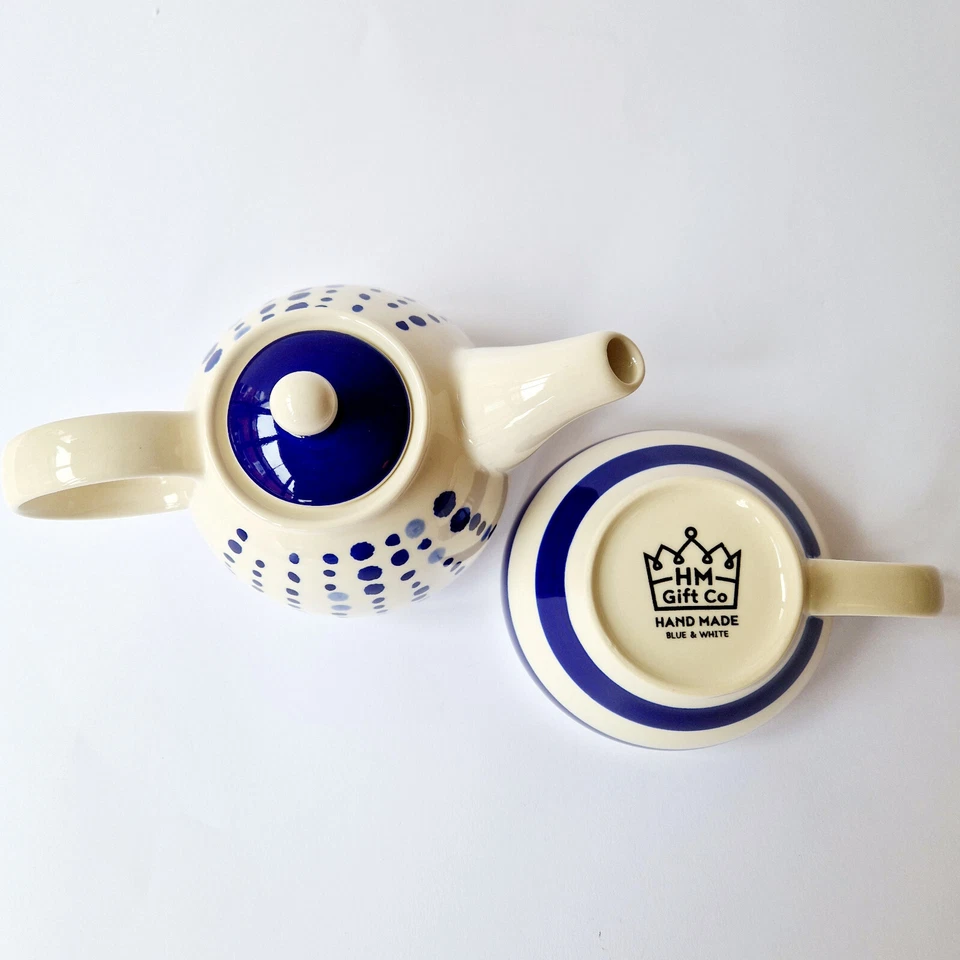 Hand Made Gift Co Blau & Weiß Tea for One Set Teekanne und Tasse, Punkte und Streifen - Bild 3 von 3