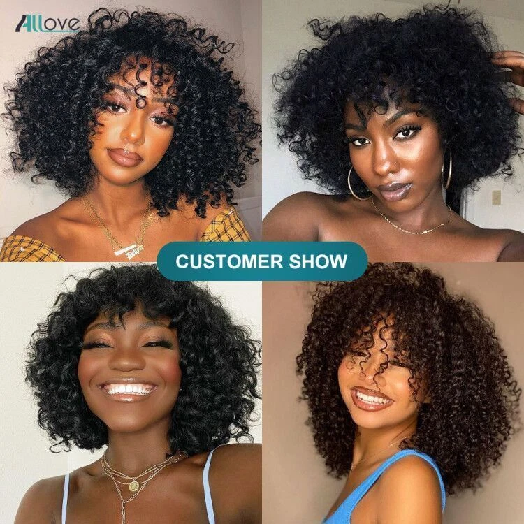 Pelucas de cabello humano rizado Jerry con flequillo cabello brasileño completo hechas a máquina sin encaje Foto 4 de 4