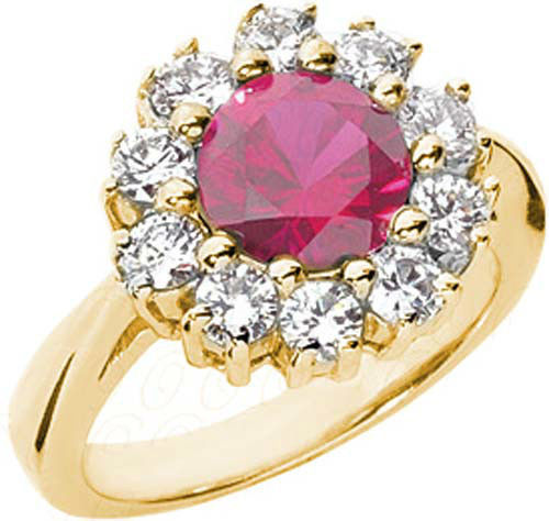 18k Yellow Gold Ring 2.50 ct Round Ruby w/ 1.20 carat round Diamonds Wedding