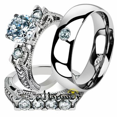 Hers & His 3pc Stainless Steel Round Cut Vintage Bridal Ring Set & Wedding Band