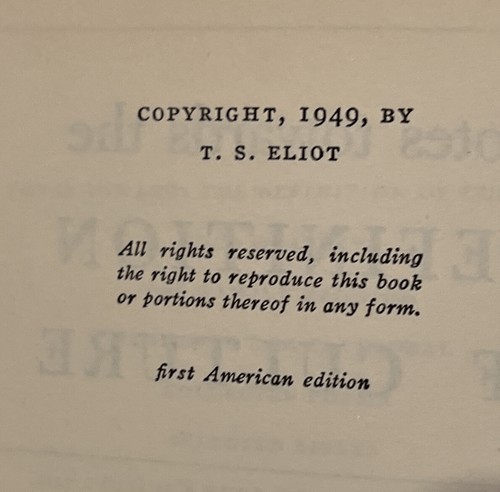 T.S. Eliot Definition of Culture Hardcover DJ Nobel Prize First US Edition 1949 - Picture 3 of 3