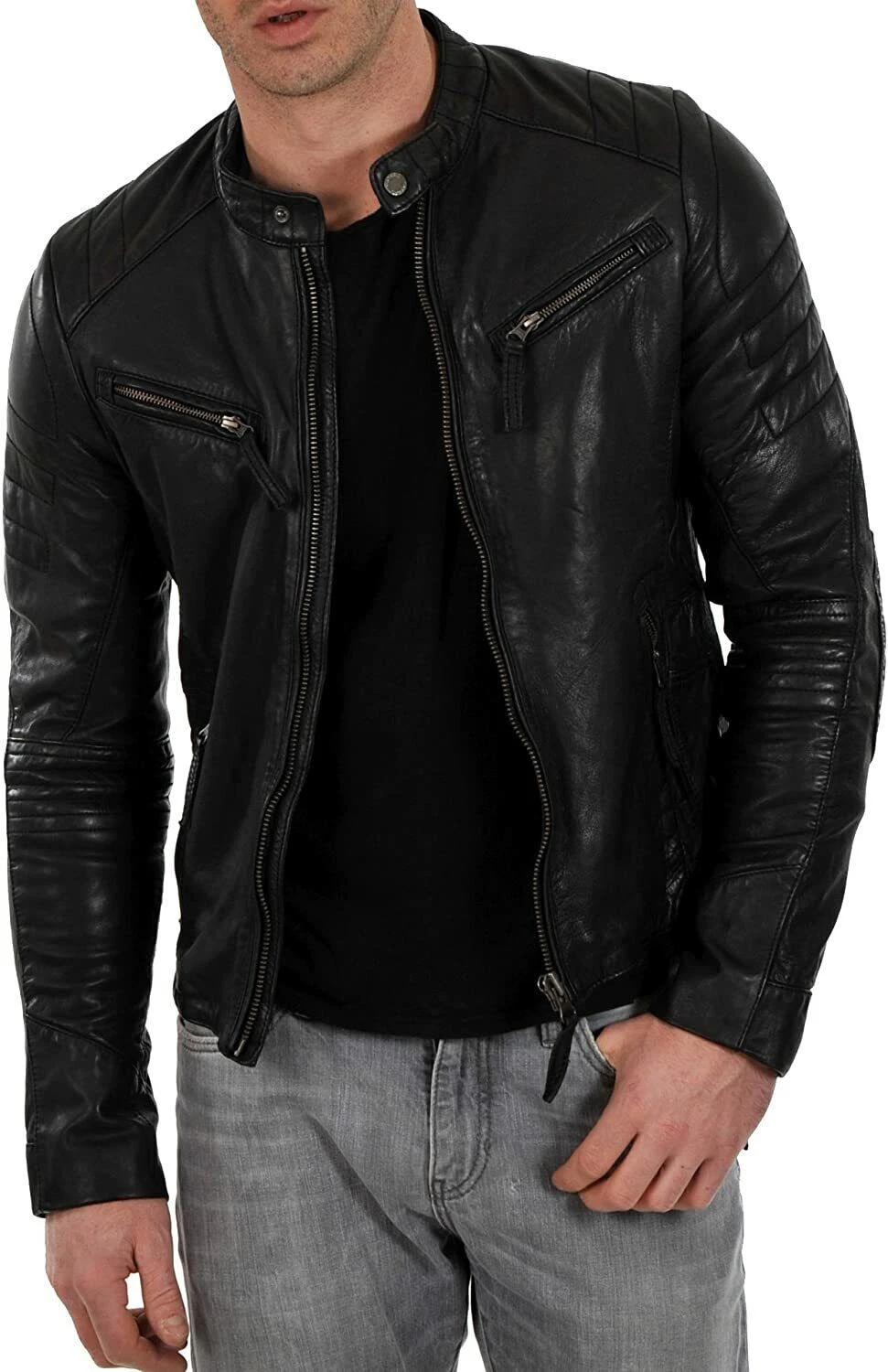 Men's Black Biker Leather Jacket 100% Lambskin Custom Made Size S M L XL XXL-060