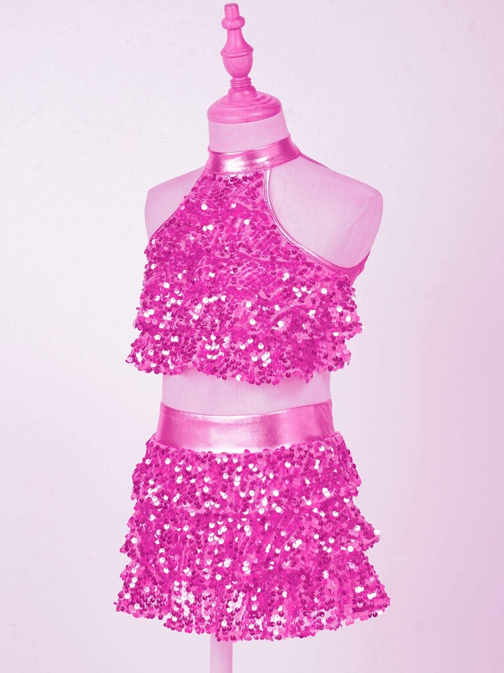 UK Kids Girls 2Pcs Sequins Dance Costumes Latin Jazz Crop Tops w/Skirts