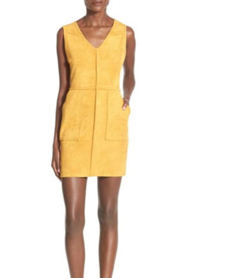 Nordstrom Sienna Sky Faux Suede Mustard Yellow V Neck Mini Dress w Pockets Sz M