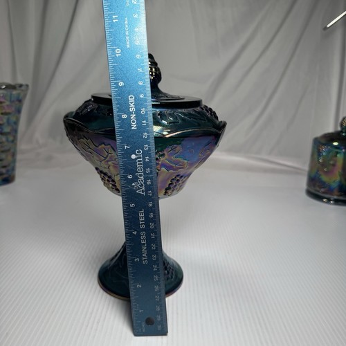 Vntg Indiana Peacock Blue Carnival Glass Grape Harvest Pedestal Iridescent EUC - Picture 2 of 4