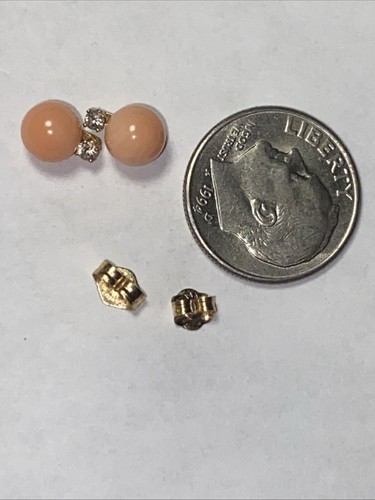 Pierced Earrings Diamonds And Angel Skin Coral Vintage 14k Yellow Gold Dainty - Picture 10 of 15